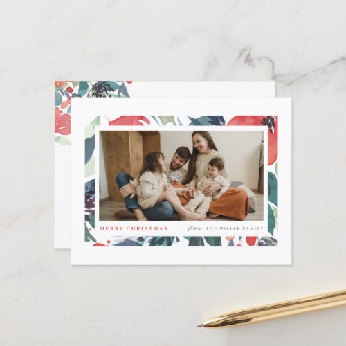 Watercolor Floral Frame Holiday Photo Postcard