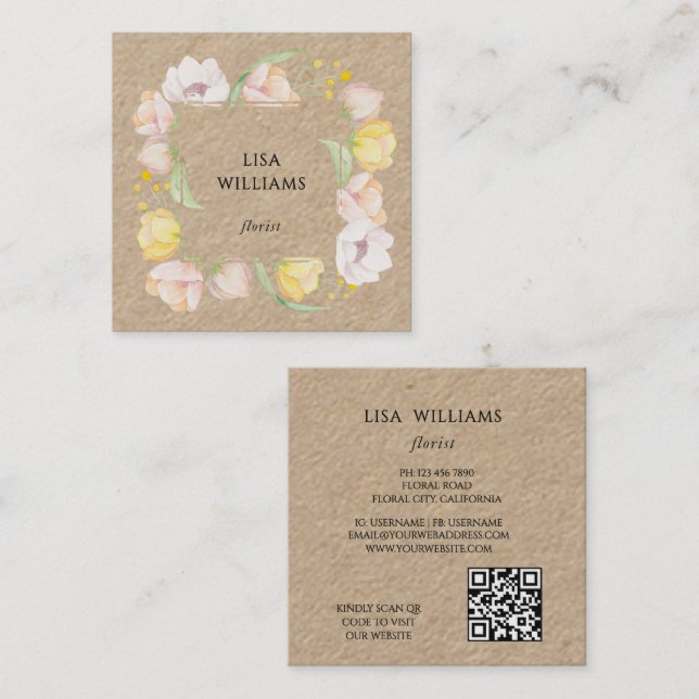 Watercolor Floral Frame Kraft Square Business Card (Front/Back)
