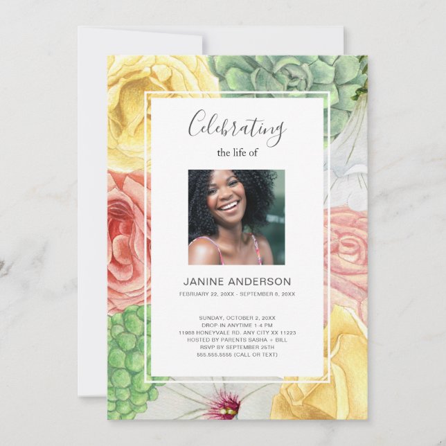 Watercolor floral frame Life celebration photo  Invitation (Front)