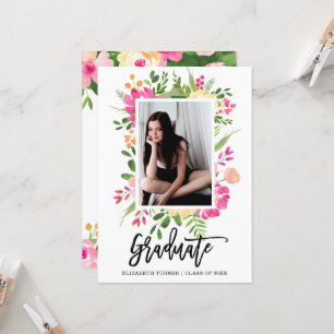 Watercolor Floral Frame Photo Script Graduation Invitation