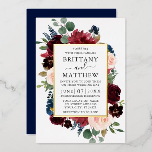 Watercolor Floral Frame Wedding Blue Gold Foil Invitation