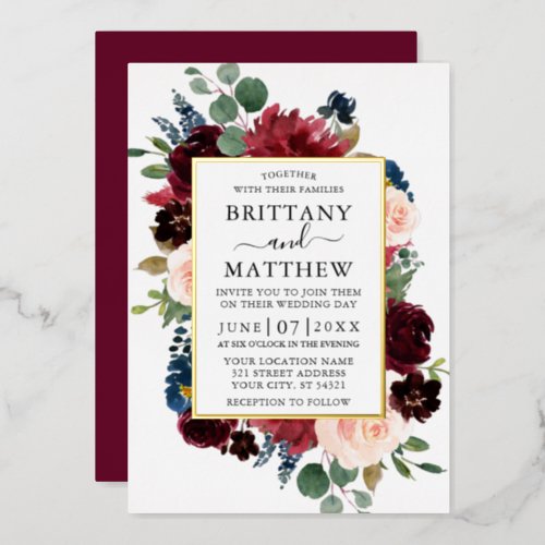 Watercolor Floral Frame Wedding Burgundy Gold Foil Invitation