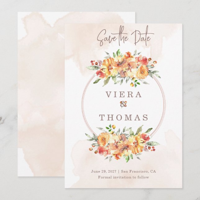 Watercolor Floral Frame Wedding Save the Date (Front/Back)