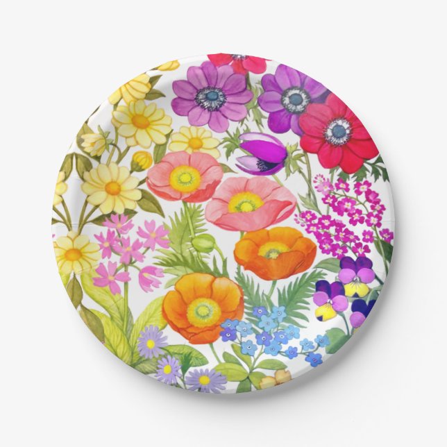 Watercolor Floral Garden Paper Plates (Front)