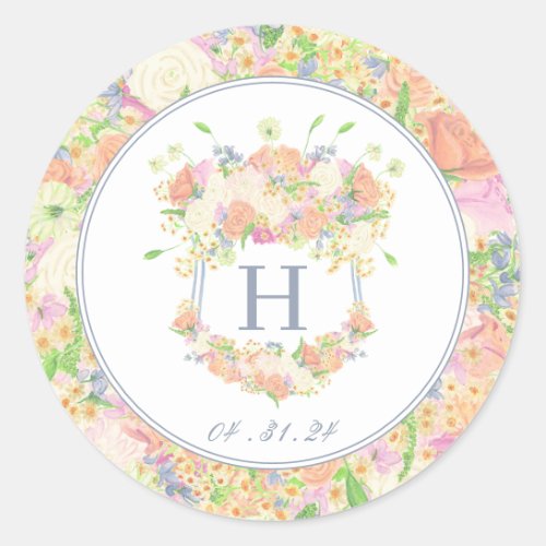 Watercolor Floral Garden Party Crest Classic Round Sticker