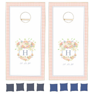 Watercolor Floral Garden Party Crest Peach Gingham Cornhole Set
