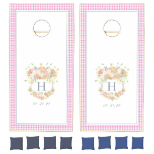 Watercolor Floral Garden Party Crest Pink Gingham Cornhole Set
