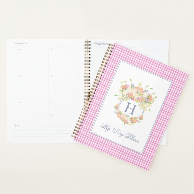 Watercolor Floral Garden Party Crest Pink Gingham Planner (Display)