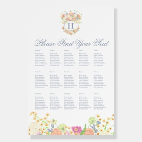 Watercolor Floral Garden Party Crest Seating Chart Foam Board