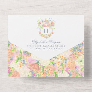 Watercolor Floral Garden Party Crest Wedding All In One Invitation