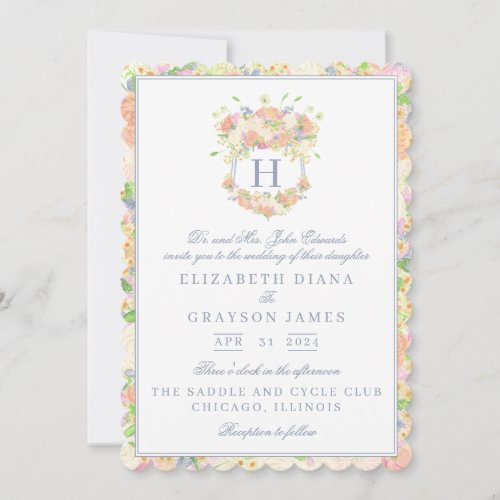 Watercolor Floral Garden Party Crest Wedding Invitation