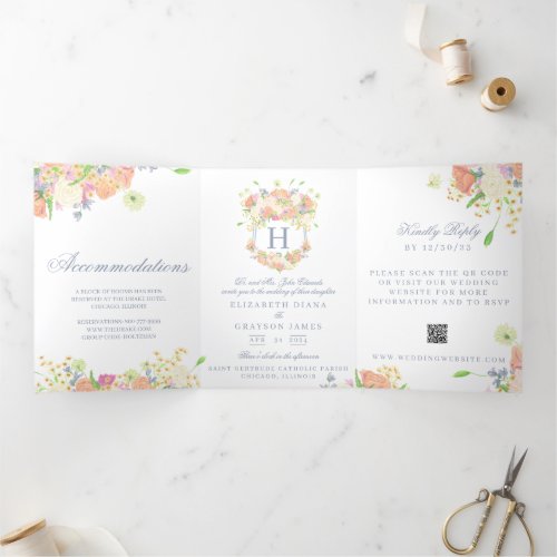 Watercolor Floral Garden Party Crest Wedding Tri_Fold Invitation