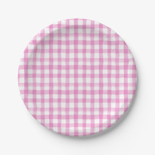 Watercolor Floral Garden Party Pink Gingham Paper Plates