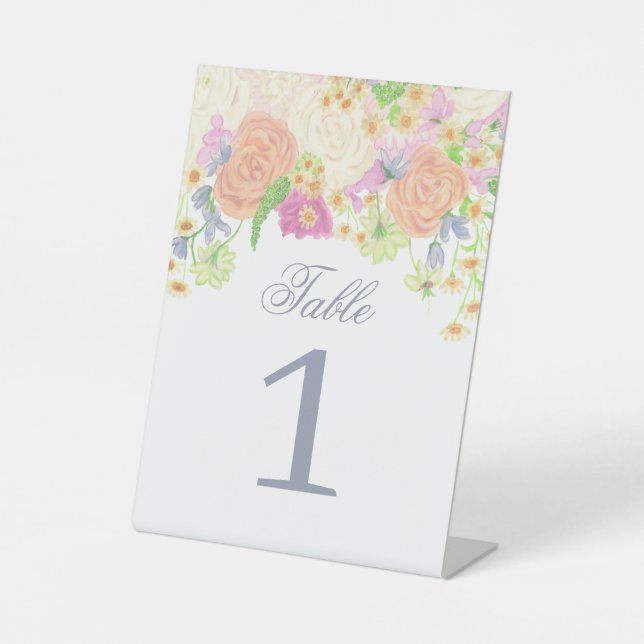 Watercolor Floral Garden Party Table Numbers Pedestal Sign (Front)