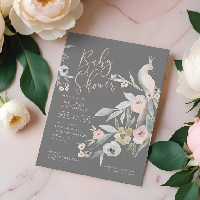 Watercolor Floral Garden Peacock Baby Shower Invitation (Watercolor Floral Garden Peacock Baby Shower Invitation)