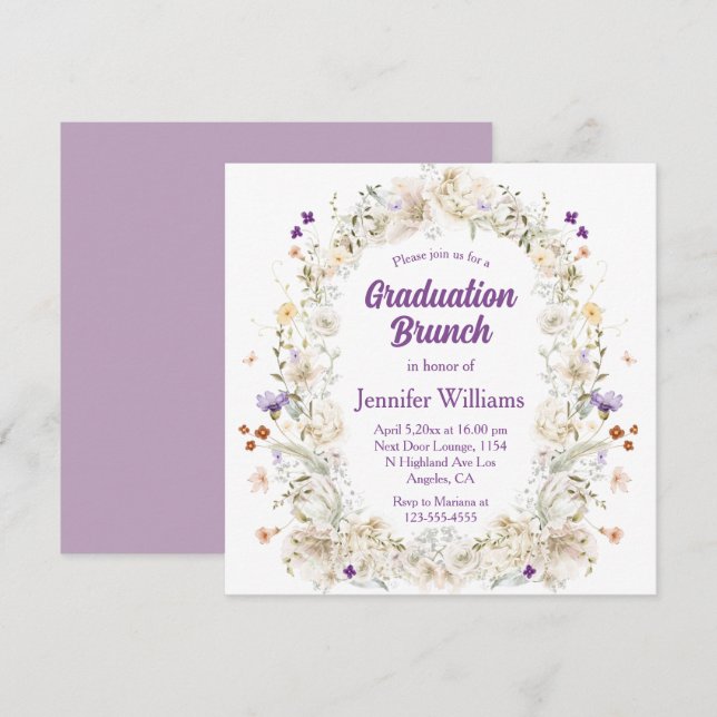 watercolor floral garden purple graduation brunch invitation (Front/Back)