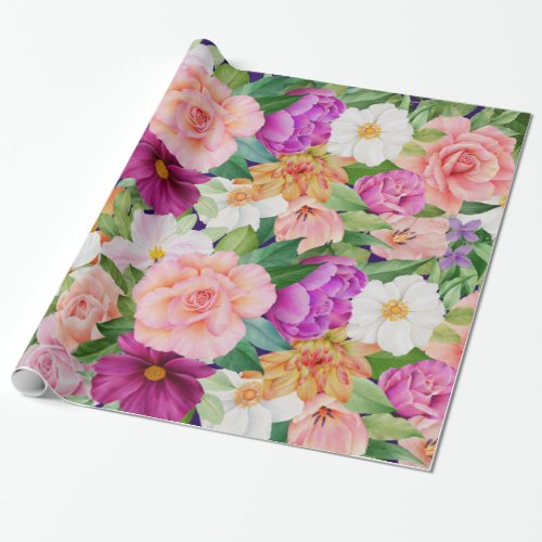 Watercolor Floral Garden Roses Cosmos Colorful Wrapping Paper