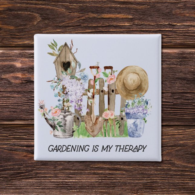 Watercolor Floral Gardening Tools and Funny Quote Button (Close up on wood)