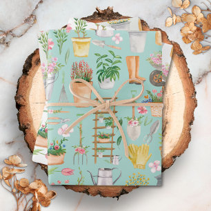 Watercolor Floral Gardening Tools Garden Pattern Wrapping Paper Sheets