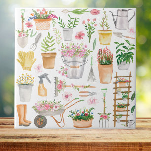 Watercolor Floral Gardening Tools Pattern Ceramic Tile