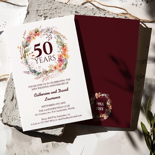 Watercolor Floral Garland Dark red 50th Wedding  Invitation