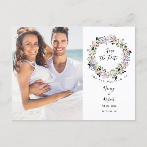 Watercolor Floral Garland Photo Save the Date Announcement Postcard