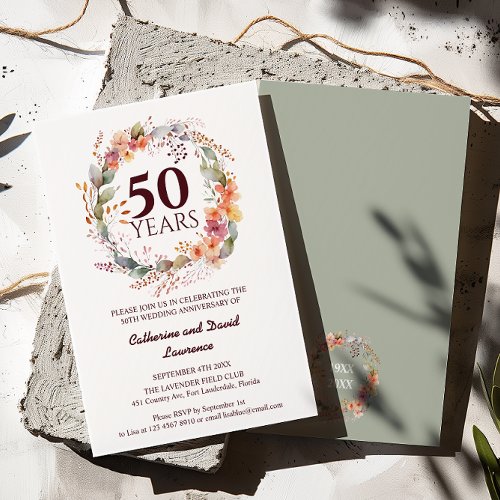 Watercolor Floral Garland Sage green 50th Wedding  Invitation