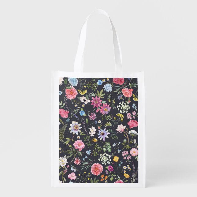 Watercolor Floral: Gentle Summer Pattern. Grocery Bag (Front)