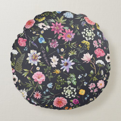 Watercolor Floral Gentle Summer Pattern Round Pillow