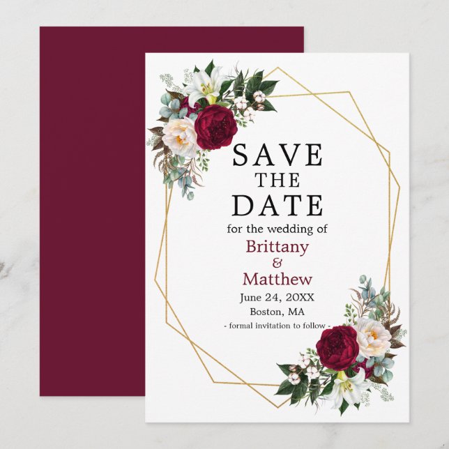 Watercolor Floral Geo Frame Burgundy Save The Date (Front/Back)