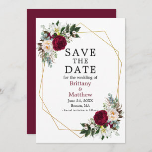 Watercolor Floral Geo Frame Burgundy Save The Date