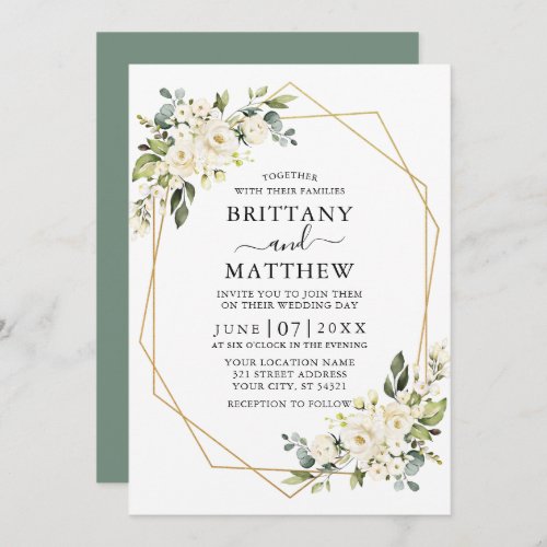 Watercolor Floral Geo Frame Sage Green Wedding Invitation