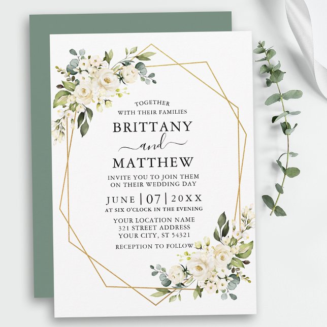 Watercolor Floral Geo Frame Sage Green Wedding Invitation (Customize to change text style, add text & photos to back or change color of back of card.)
