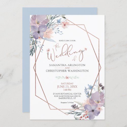 Watercolor Floral Geometric Dusty Blue Wedding Invitation