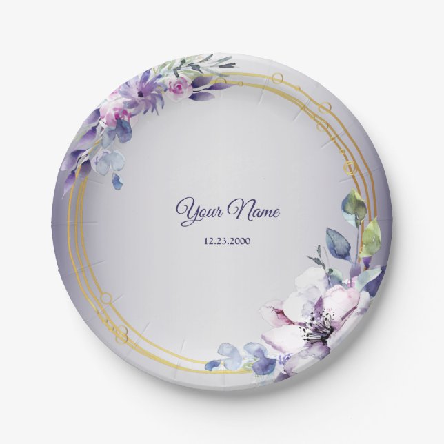 Watercolor Floral Geometric Golden Purple Wedding Paper Plates (Front)
