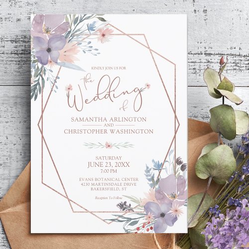 Watercolor Floral Geometric Purple Wedding Invitation