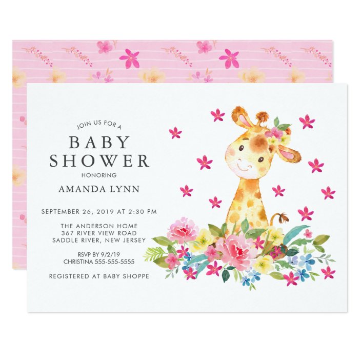 Watercolor Floral Giraffe Baby Girl Shower Invitation Zazzle Com