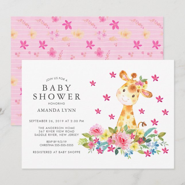 Watercolor Floral Giraffe Baby Girl Shower Invitation (Front/Back)