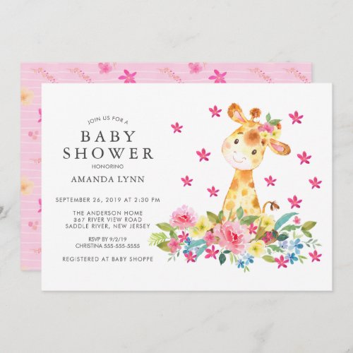 Watercolor Floral Giraffe Baby Girl Shower Invitation