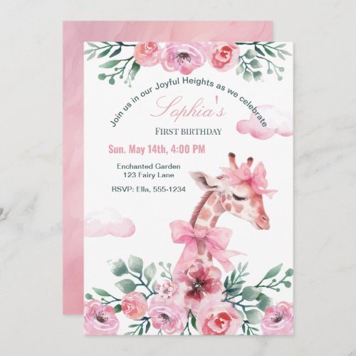 Watercolor Floral Giraffe Joyful Heights Birthday Invitation