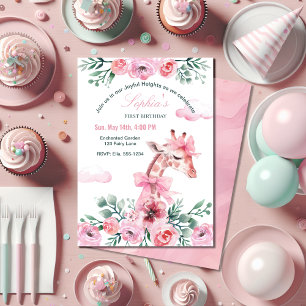 Watercolor Floral Giraffe Ribbon Girl Birthday Invitation