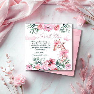 Watercolor Floral Giraffe Ribbon Girl Birthday  Thank You Card