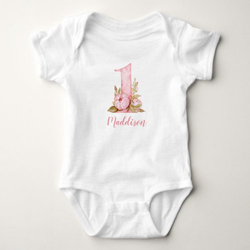 Watercolor Floral Girl 1st Birthday Baby Bodysuit