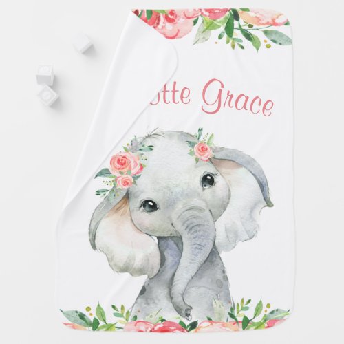 Watercolor Floral Girl Elephant Personalized Baby Blanket