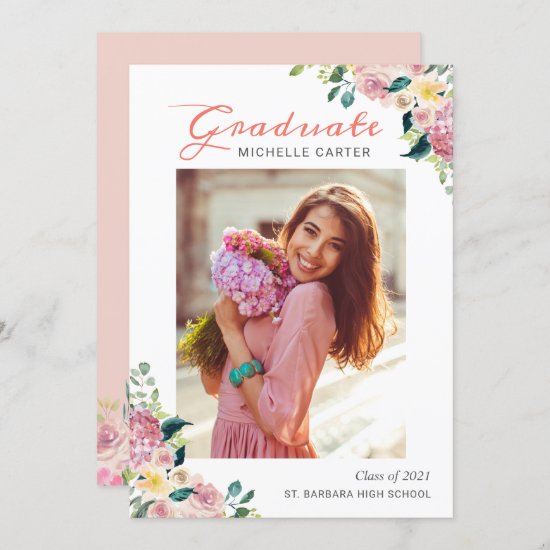 Watercolor Floral Girl Graduate Photo Graduation Announcement
