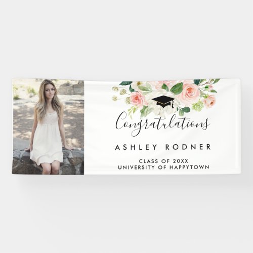 Watercolor Floral Girl Graduation Banner W Photo