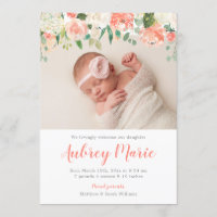Watercolor Floral Girl Photo Birth Announcements