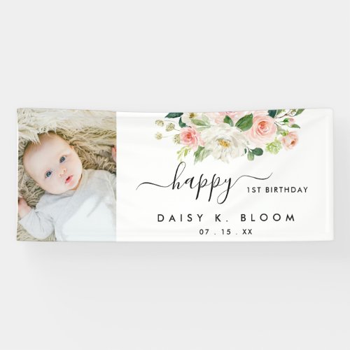 Watercolor Floral Girl Photo Birthday Banner