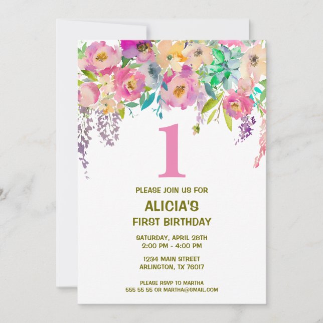 Watercolor floral girls 1st birthday invite (Front)