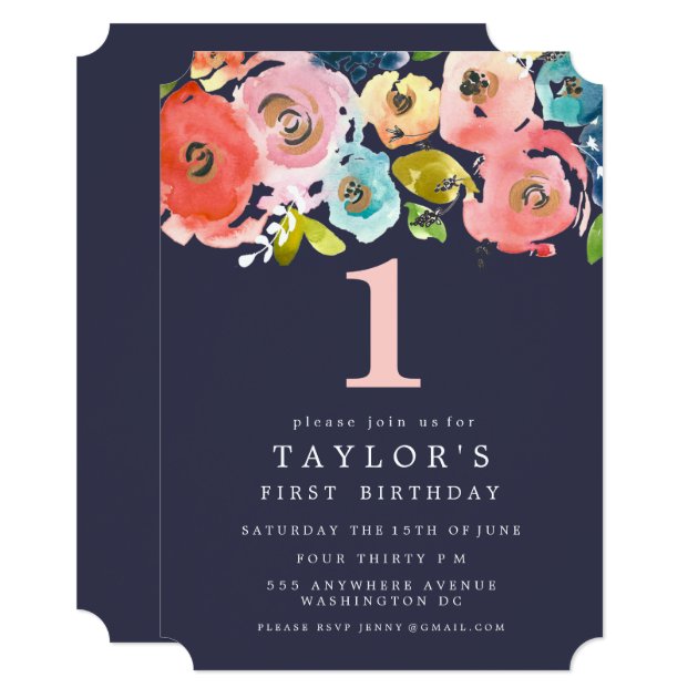 Watercolor Floral Girls 1st Birthday Invite